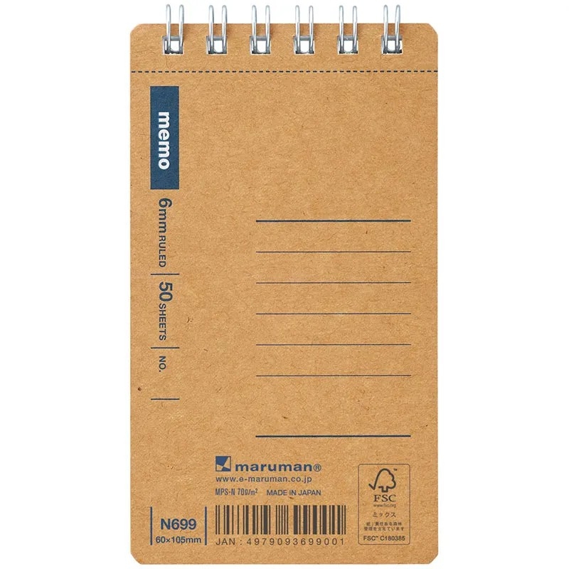 Maruman Spiral Note Cuaderno Memo A7 Slim (6 x 10,5 cm) [N699] - Líneas 6mm (70gsm, 50 Hojas)